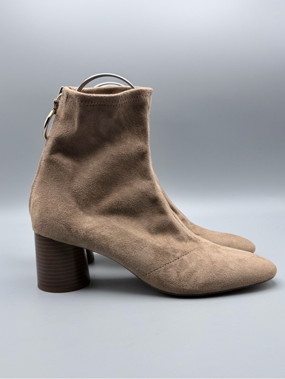 Zara Basic Ankle Boots Tan Suede Block Heel Zip Back Size 40 US 9